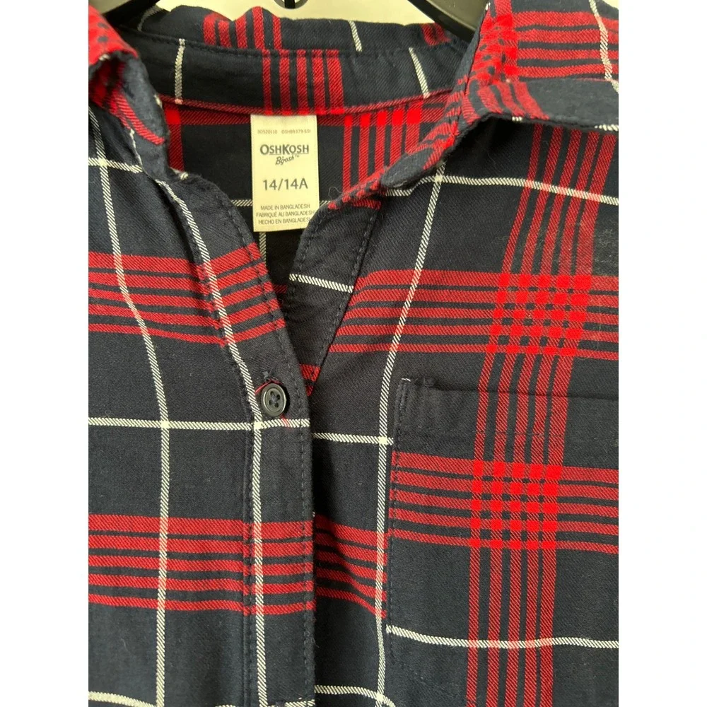 OshKosh Bgosh Girls Red‎ Navy Plaid Button Down Shirt Dress Size 14 14A Long Slv